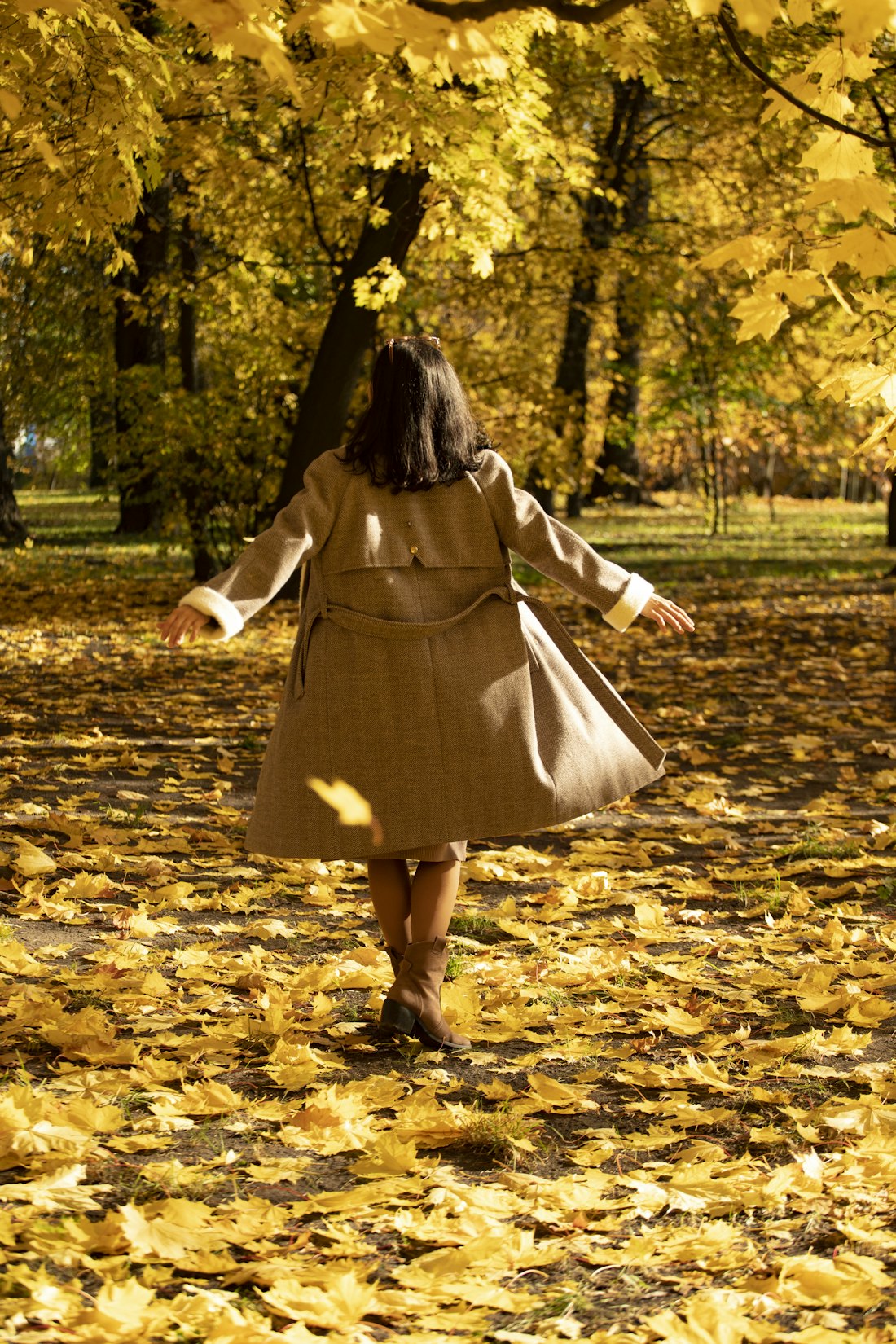 A person walking alone under autumn trees